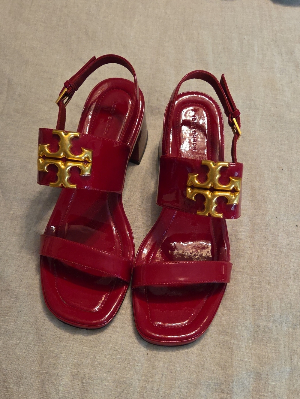 Tory Burch Red Patent Slingback Sandals with Gold Logo